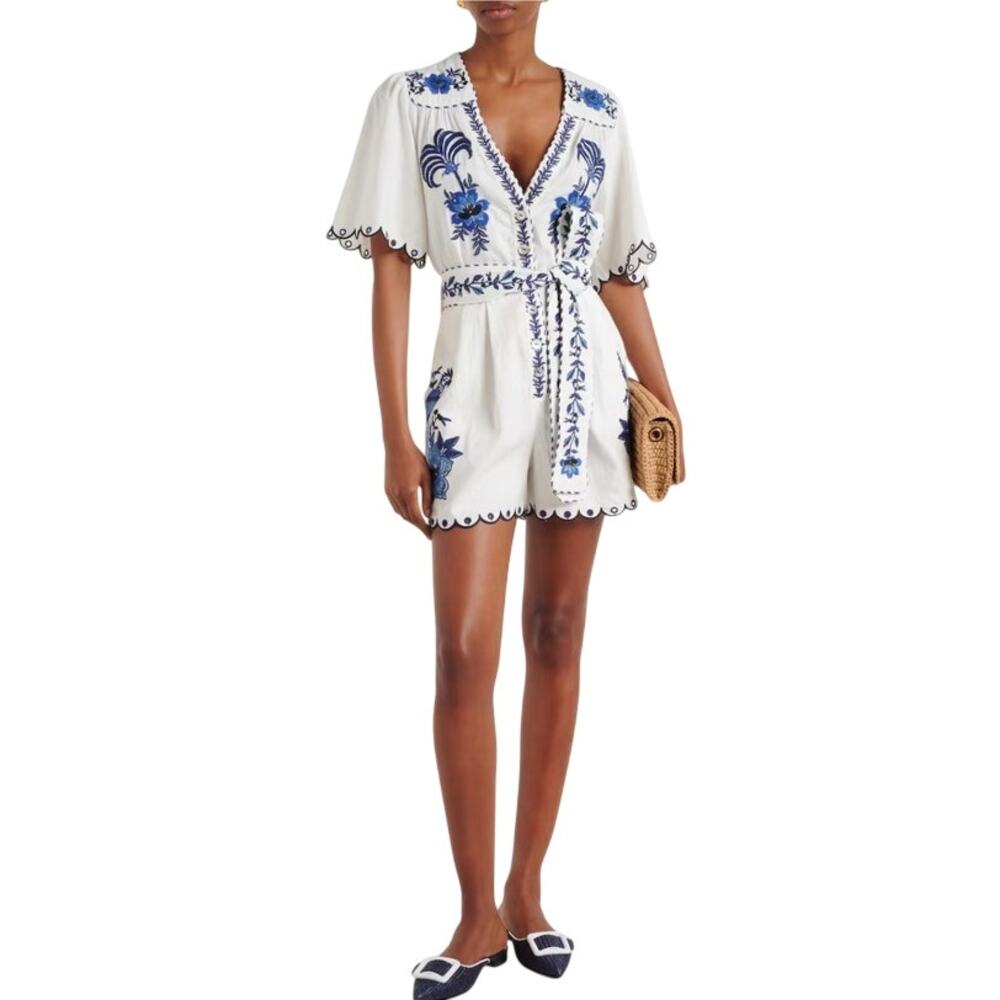 Farm Rio Embroidered Linen Romper Size XS - Picture 3 of 11